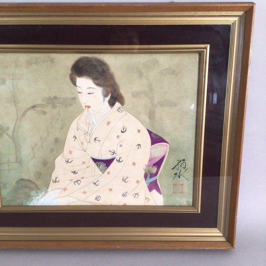 No3885額装　在銘　指水　美人画　燕柄着物　肉筆絹本　日本画　絵画 送料無料