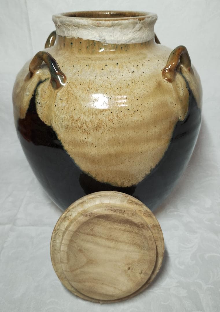 高台寺窯　森里陶楽造 天目釉 飾壷 三本紐・網紐