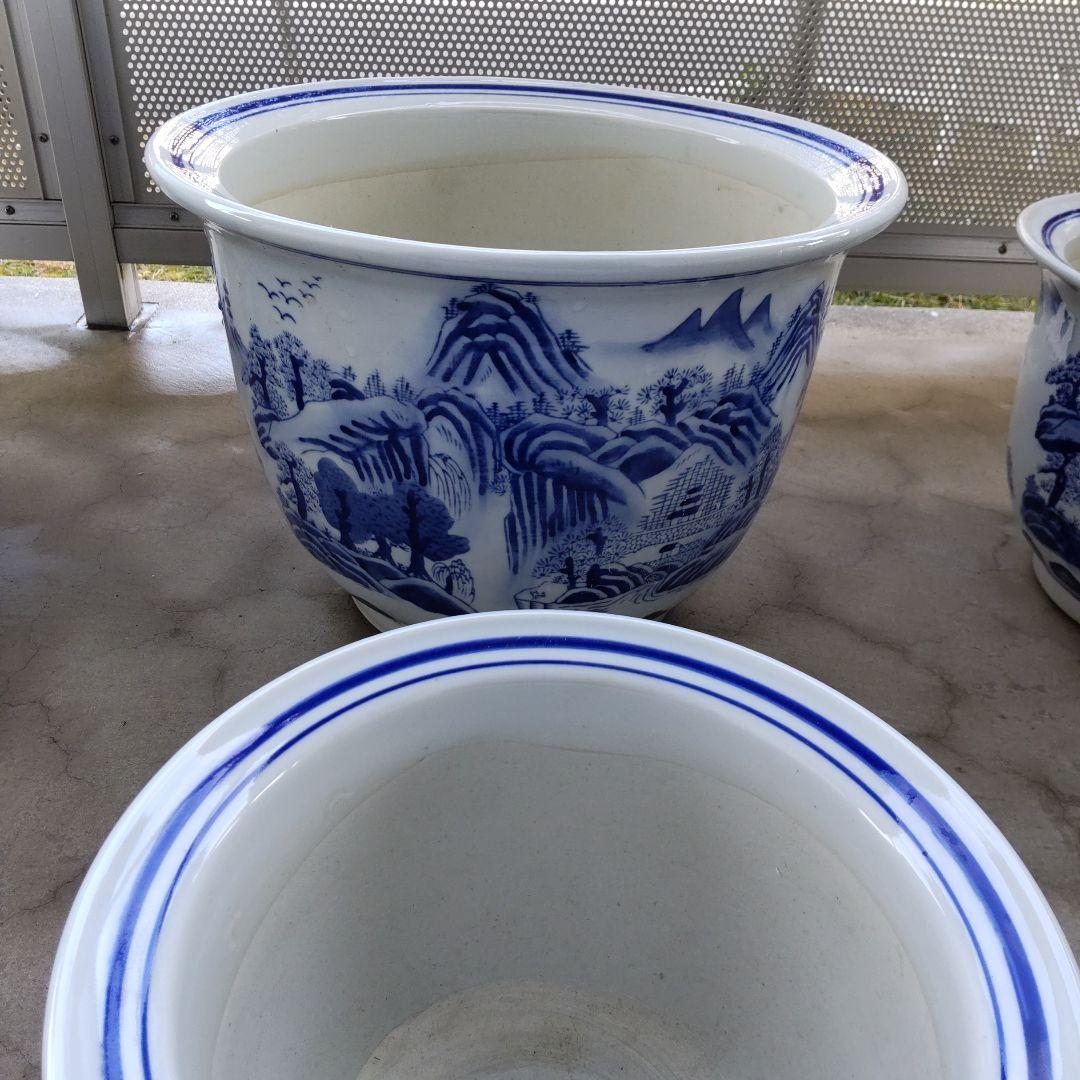 陶器鉢特大植木鉢、青と白の山水画 陶器植木鉢 6個セット