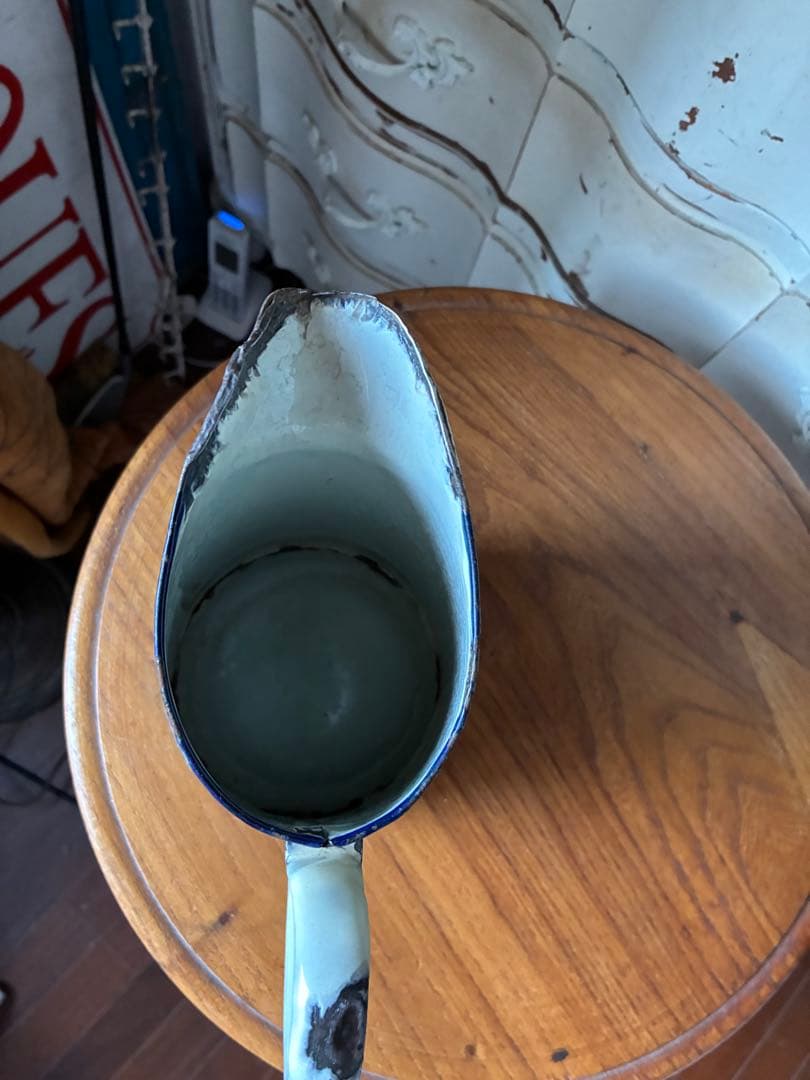 フランス　アンティーク　ホーロー　ジャグ　ピッチャー　水差し　市松　ダミエ